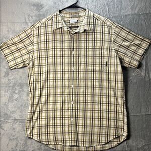 Columbia Plaid Green Brown Button Up Short Sleeved Collared Shirt Size L